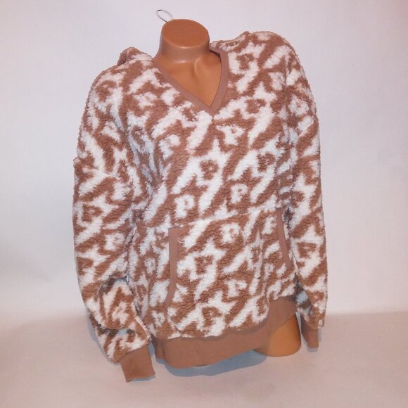 Victoria Secret PINK Sherpa Hoodie Beige White Logo Long Sleeve Sweater Pullover - Picture 1 of 12